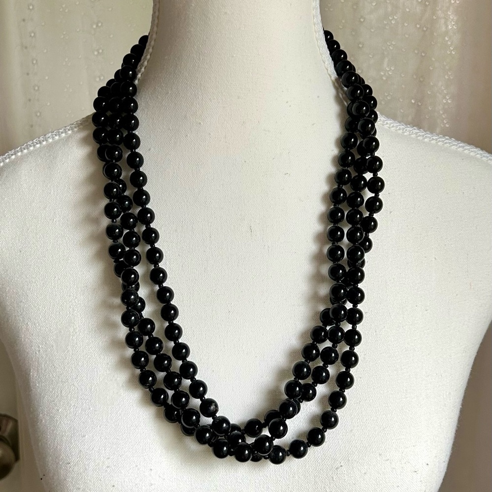 Graceful Three Strand Black Beaded Necklace